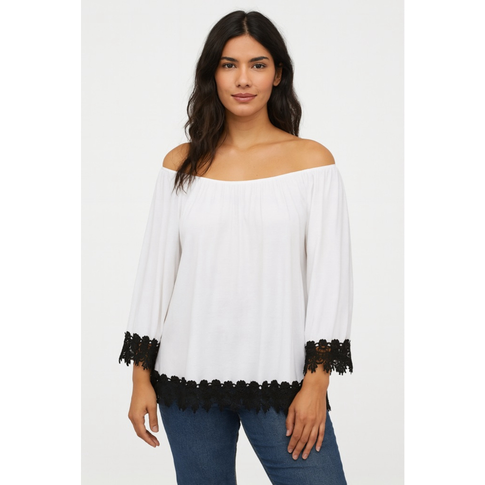 Women's Miin White Off-Shoulder Blouse with Black Lace Trim M